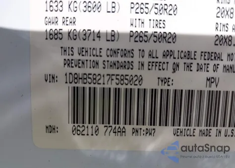 2007 Dodge Durango Limited from USA, damaged, VIN 1D8HB58217F585020